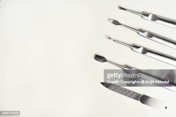 top view manicure and pedicure tools on white back ground with copy space - nail scissors stock pictures, royalty-free photos & images