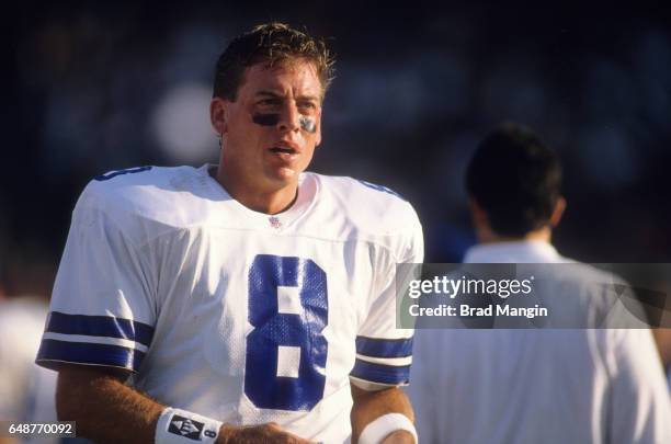 Dallas Cowboys QB Troy Aikman during game vs Oakland Raiders at Oakland-Alameda County Coliseum. Oakland, CA CREDIT: Brad Mangin