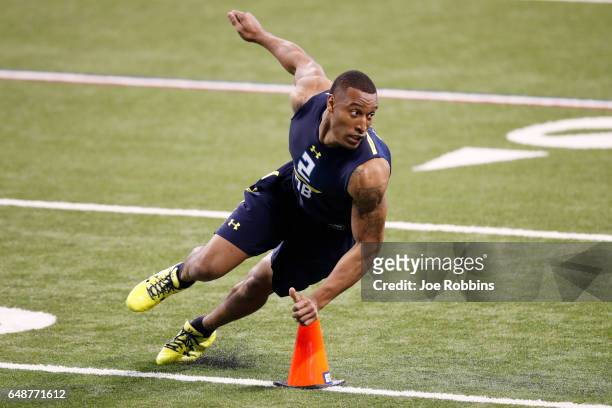 Defensive back Brian Allen of Utah runs the shuttle drill during day six of the NFL Combine at Lucas Oil Stadium on March 6, 2017 in Indianapolis,...