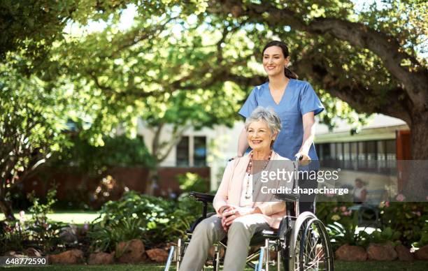 taking her to her favourite spot in the garden - young woman and senior lady in a park stock pictures, royalty-free photos & images