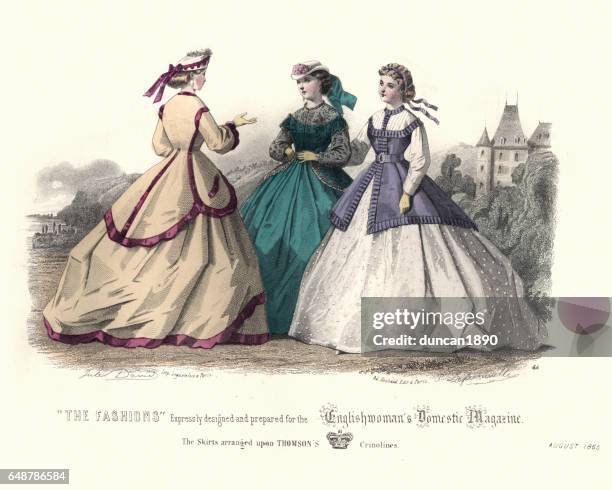 viktorianische damen mode der 1860er jahre, crinoline und hoopskirts - historische kleidung kleidung stock-grafiken, -clipart, -cartoons und -symbole