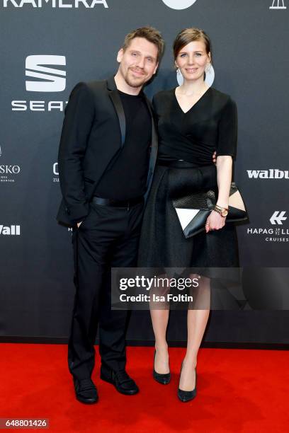 German actor and musician Hanno Koffler and Mia Meyer arrive for the Goldene Kamera on March 4, 2017 in Hamburg, Germany.