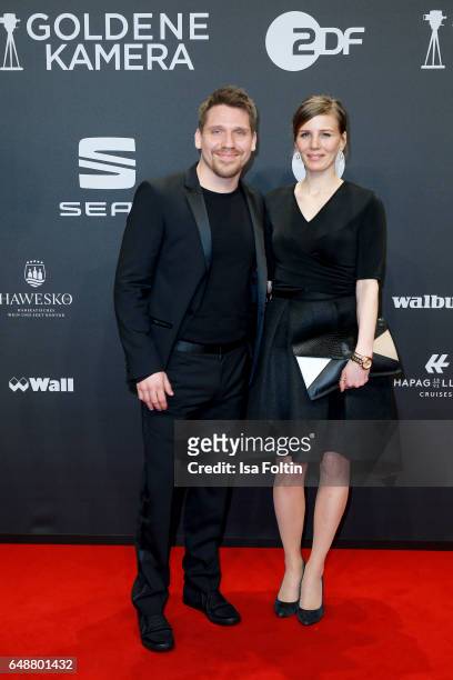 German actor and musician Hanno Koffler and Mia Meyer arrive for the Goldene Kamera on March 4, 2017 in Hamburg, Germany.