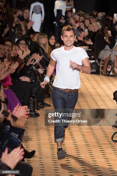 Designer Esteban Cortazar walks the runway during the Esteban Cortazar show as part of the Paris Fashion Week Womenswear Fall/Winter 2017/2018 >> on...
