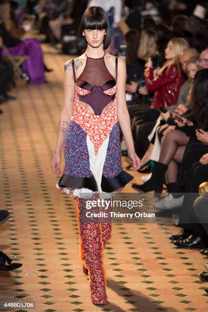 Model walks the runway during the Esteban Cortazar show as part of the Paris Fashion Week Womenswear Fall/Winter 2017/2018 on March 6, 2017 in Paris,...