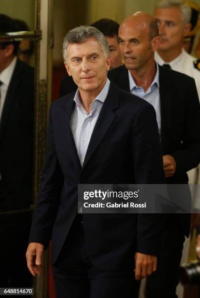 President of Argentina Mauricio Macri and Minister of Transport Guillermo Dietrich arrive for a press conference to announce the opening of biddings...