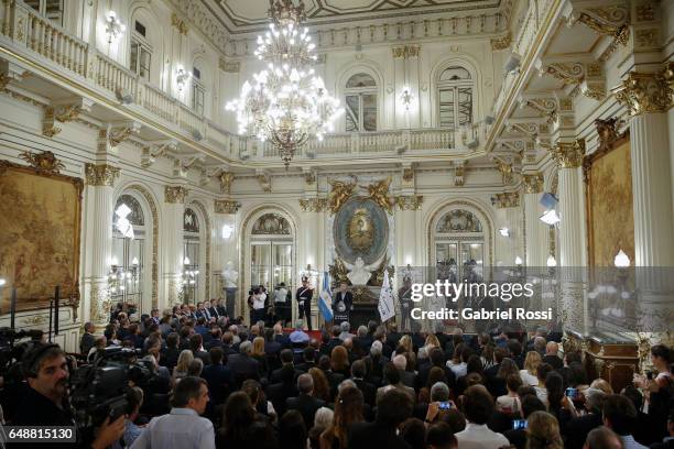 General view of a press conference of President of Argentina Mauricio Macri to announce the opening of biddings for commercial air transport allowing...