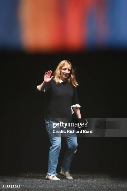 Creative Driector Sarah Burton walks the runway during the Alexander McQueen show during Paris Fashion Week Womenswear Fall/Winter 2017/2018 on March...