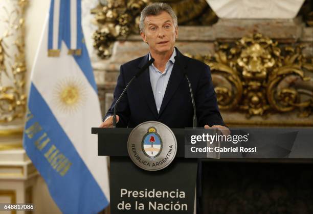 President of Argentina Mauricio Macri looks on during a press conference to announce the opening of biddings for commercial air transport allowing...