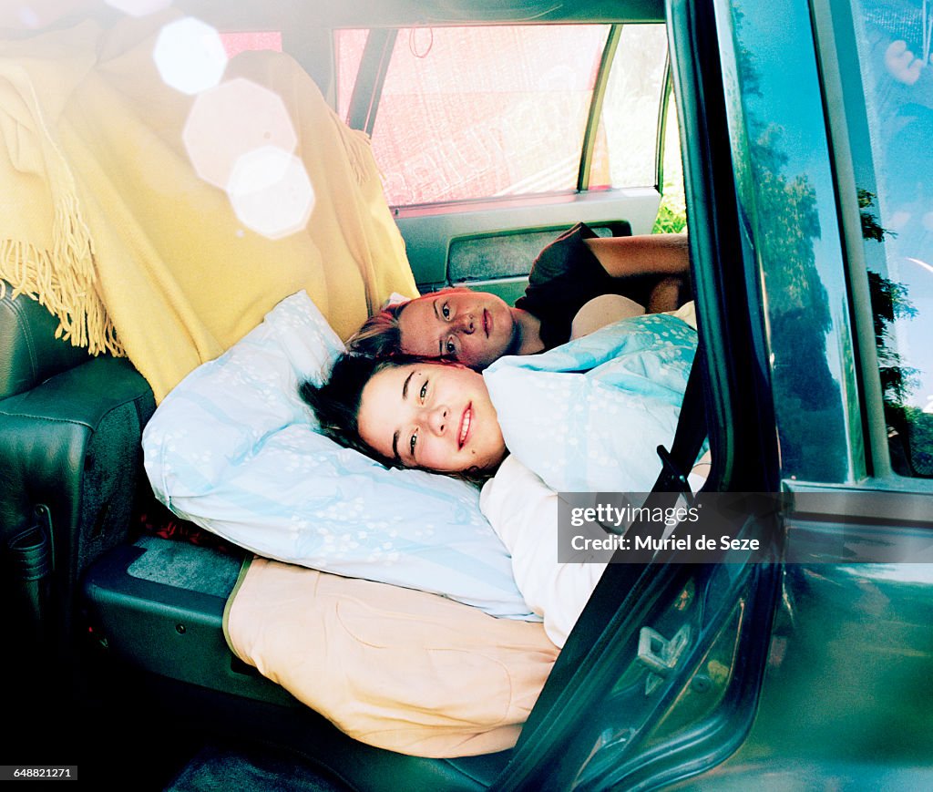 Girls waking up in car