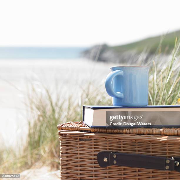 picnic basket with book and cup on beach. - romantic picnic stockfoto's en -beelden