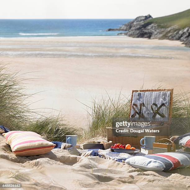 picnic in dunes at beach. - picnic basket stock pictures, royalty-free photos & images