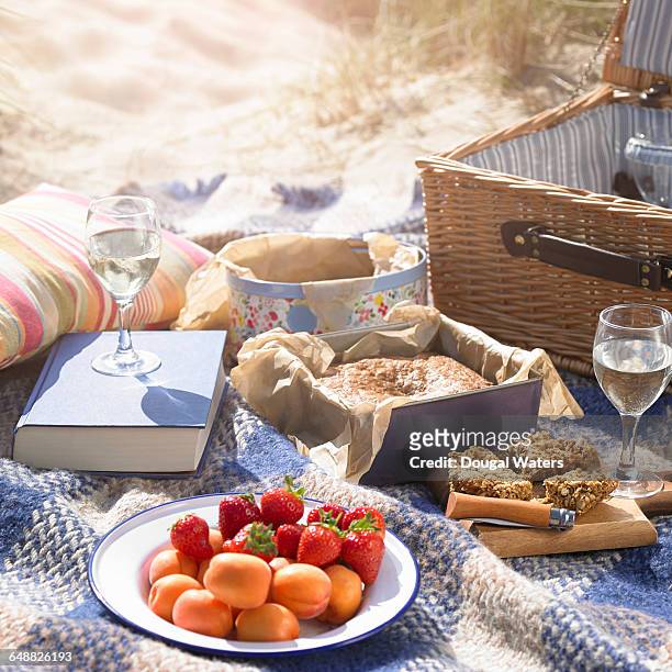 idyllic picnic at beach. - picnic basket stock pictures, royalty-free photos & images