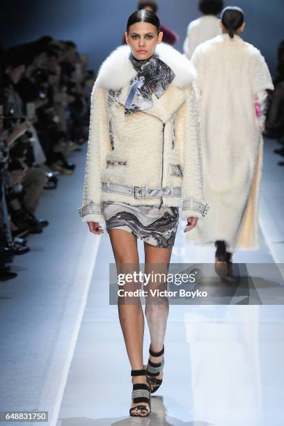 Model Alisar Ailabouni walks the runway during the Leonard Paris show as part of the Paris Fashion Week Womenswear Fall/Winter 2017/2018 on March 6,...
