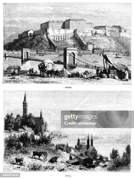 nineteenth century views of buda and pest - széchenyi chain bridge stock illustrations