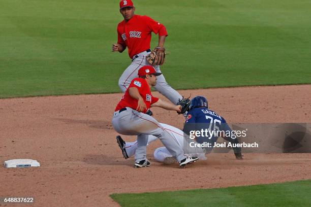 Alejandro Garcia of the Houston Astros is tagged out attempting to steal second base by Allen Craig on a throw by Jake DePew of the Boston Red Sox in...