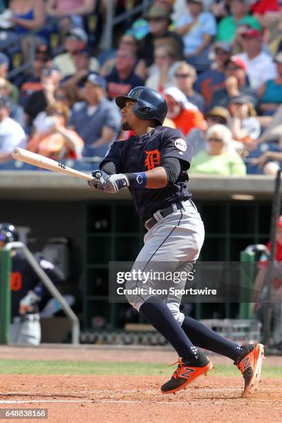 Dixon Machado of the Tigers at bat during the spring training game between the Detroit Tigers and the Philadelphia Phillies on March 05, 2017 at...