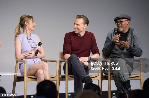 Actors Brie Larson, Tom Hiddleston and Samuel L. Jackson speak on a panel during the 'Kong: Skull Island' cast presentation at Apple Store Soho on...