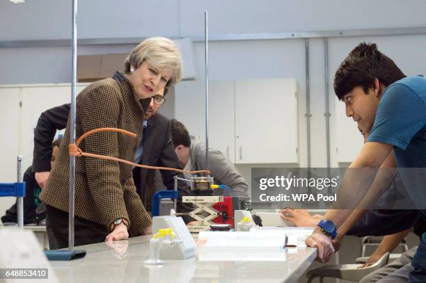 Prime Minister, Theresa May talks with students in a mathematics class during a visit to King's College London Mathematics School on March 6, 2017 in...