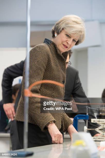 Prime Minister, Theresa May talks with students in a mathematics class during a visit to King's College London Mathematics School on March 6, 2017 in...