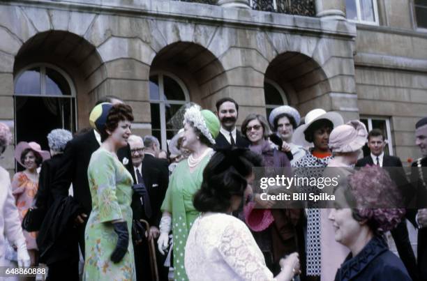 Elizabeth The Queen Mother greets teachers at a reception held at Lancaster House in 1968 in London, England.