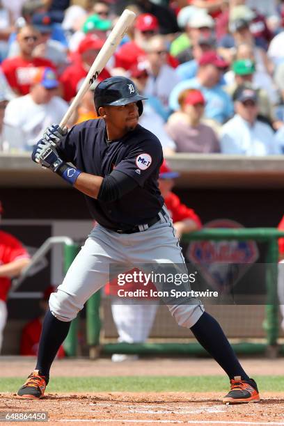Dixon Machado of the Tigers at bat during the spring training game between the Detroit Tigers and the Philadelphia Phillies on March 05, 2017 at...
