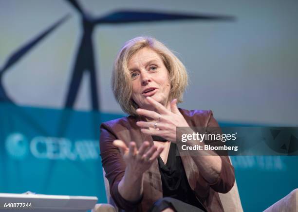 Rachel Notley, Alberta's premier, speaks during the 2017 <Menu> to Return to Your Inbox CERAWeek by IHS Markit conference in Houston, Texas, U.S., on...