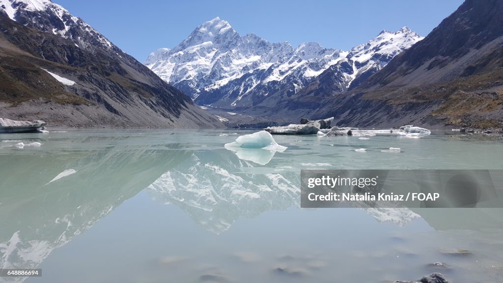Snowy mountains reflected on frozen lake