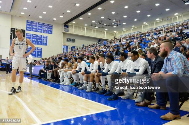 The Georgia Southern bench in a Sun Belt Conference basketball game at the GSU Sports Arena in Atlanta, Georgia on March 4, 2017. The Georgia State...