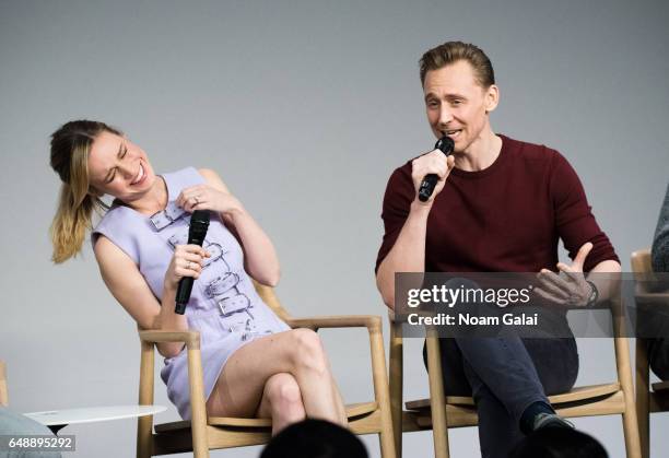 Actors Brie Larson and Tom Hiddleston speak on a panel during the 'Kong: Skull Island' cast presentation at Apple Store Soho on March 6, 2017 in New...