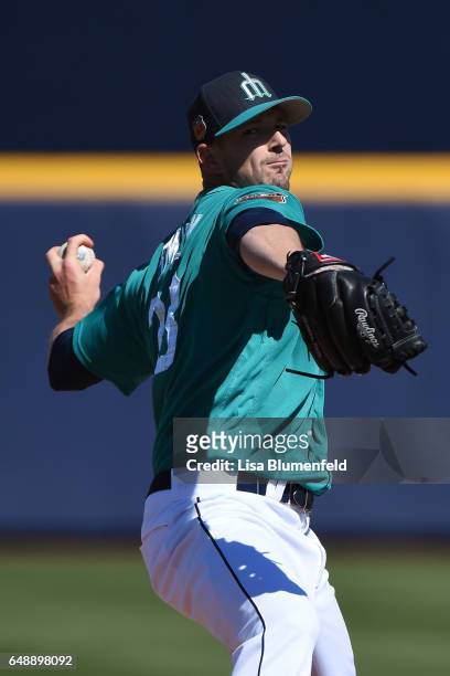 Drew Smyly of the Seattle Mariners pitches against the Texas Rangers at Peoria Stadium on March 6, 2017 in Peoria, Arizona.