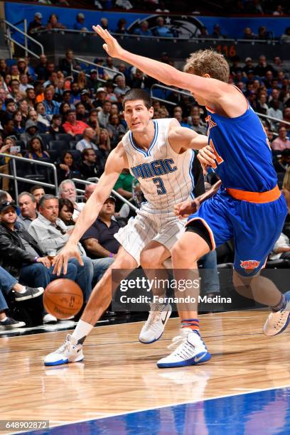 Damjan Rudez of the Orlando Magic handles the ball against the New York Knicks during the game on March 6, 2017 at Amway Center in Orlando, Florida....