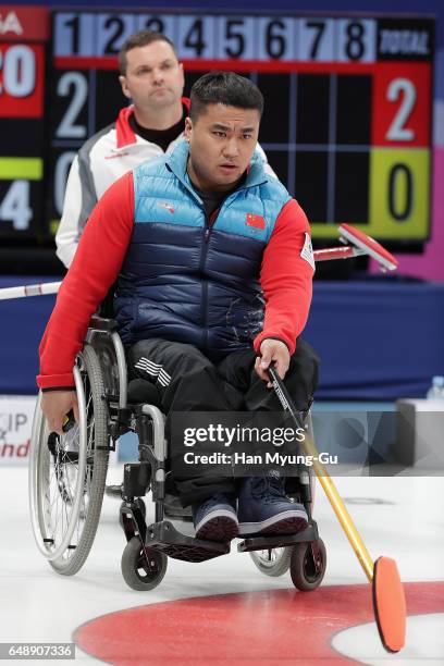 Haitao Wang from China reacts during the World Wheelchair Curling Championship 2017 - test event for PyeongChang 2018 Winter Olympic Games at...