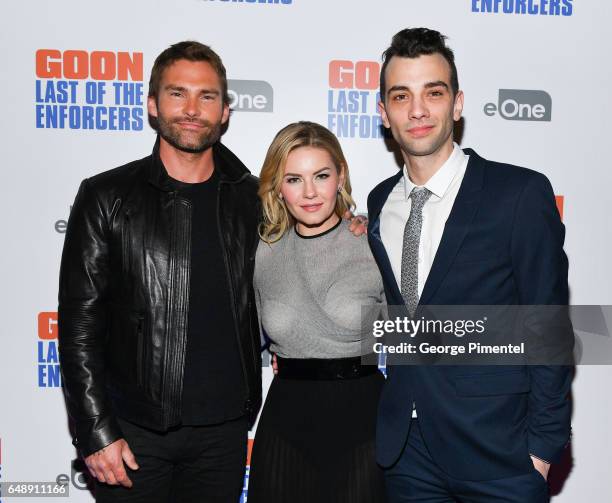 Actors Seann William Scott, Elisha Cuthbert and Jay Baruchel attend "Goon: Last Of The Enforcers" Premiere at Scotiabank Theatre on March 6, 2017 in...