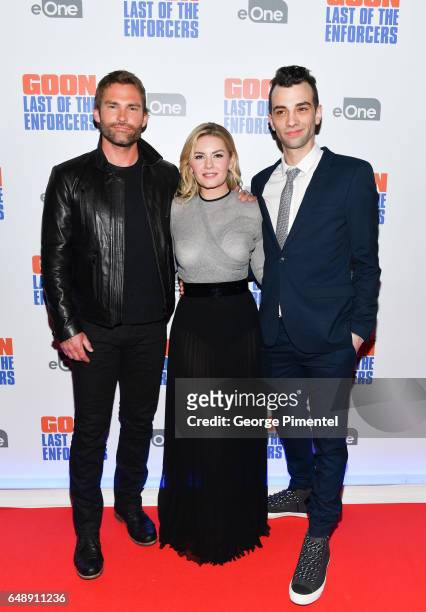 Actors Seann William Scott, Elisha Cuthbert and Jay Baruchel attend "Goon: Last Of The Enforcers" Premiere at Scotiabank Theatre on March 6, 2017 in...