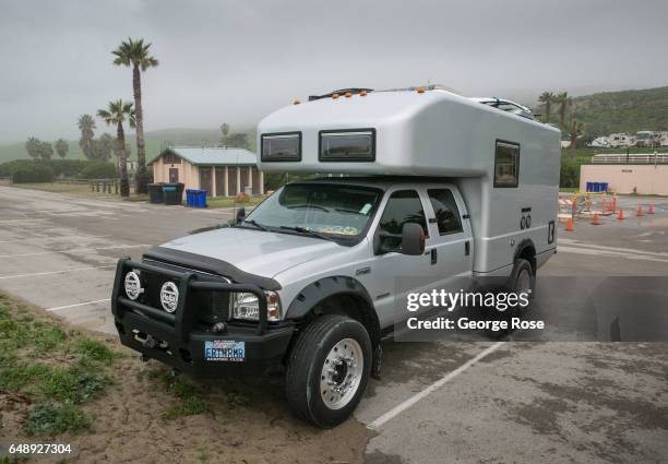 Customized Ford F550 Earth Roamer recreational vehicle is parked on February 8 in Jalama Beach, California. Because of its close proximity to...