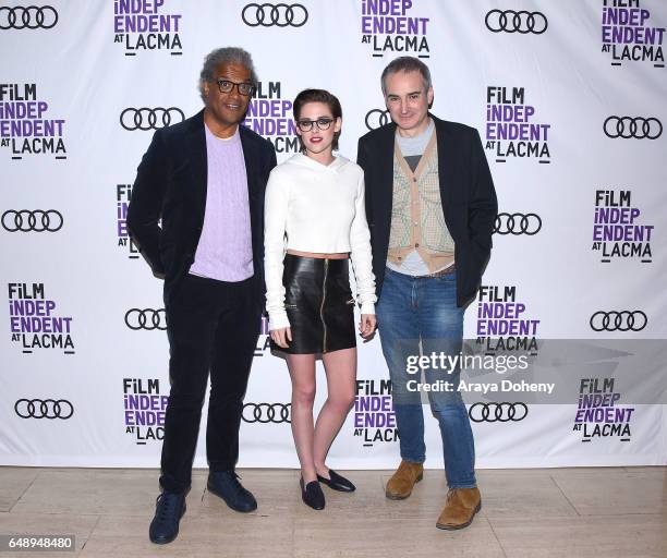 Elvis Mitchell, Kristen Stewart and Olivier Assayas attend the Film Independent at LACMA screening and Q&A of "Personal Shopper" at Bing Theatre at...