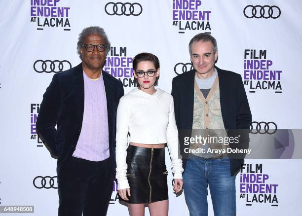 Elvis Mitchell, Kristen Stewart and Olivier Assayas attend the Film Independent at LACMA screening and Q&A of "Personal Shopper" at Bing Theatre at...