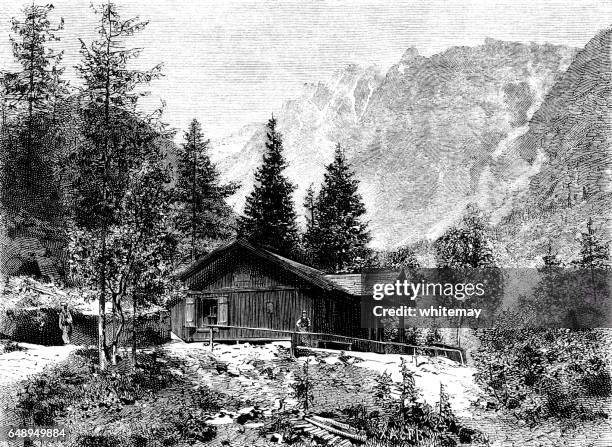 shooting lodge in the high tatras - tatra national park stock illustrations