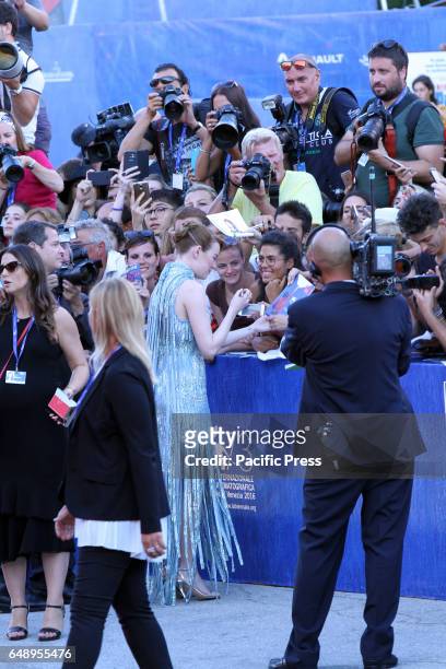 Emma Stone during 73rd International Art Exhibition of Venice Film Festival. A red carpet of the film La La Land.