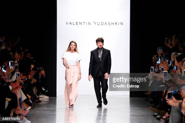 Designer Valentin Yudashkin walks the runway during the Valentin Yudashkin show as part of the Paris Fashion Week Womenswear Fall/Winter 2017/2018 on...