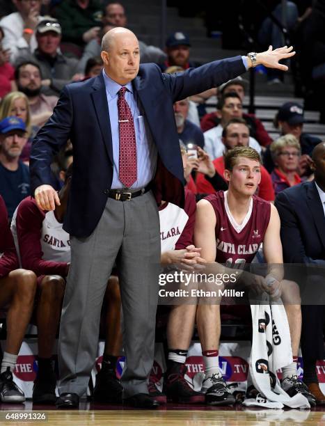 Head coach Herb Sendek of the Santa Clara Broncos reacts during a semifinal game of the West Coast Conference Basketball Tournament against the...