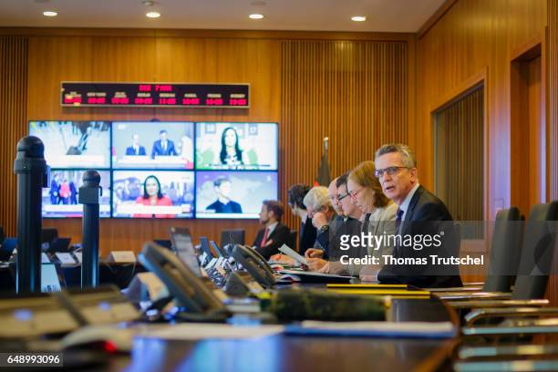 German Interior Minister Thomas de Maiziere visits the situation room at the Ministry of Interior during the current GETEX joint exercises between...