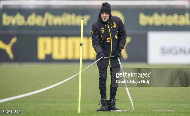 Head coach Thomas Tuchel of Dortmund prepares prior the training ahead of the UEFA Champions League Round of 16 second leg match between Borussia...