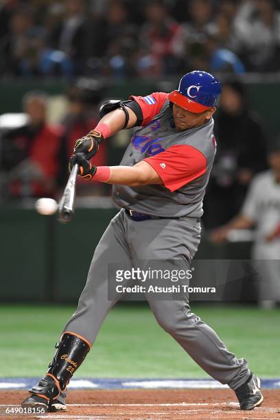 Frederich Cepeda of Cuba grounds out in the first inning of the World Baseball Classic Pool B Game One between Cuba and Japan at Tokyo Dome on March...