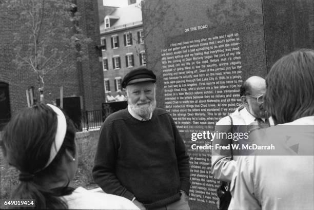 American poets Lawrence Ferlinghetti and Allen Ginsberg attend the dedication of the Kerouac Commemorative memorial sculpture in Kerouac Park, ,...