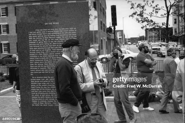 American poets Lawrence Ferlinghetti and Allen Ginsberg attend the dedication of the Kerouac Commemorative memorial sculpture in Kerouac Park, ,...