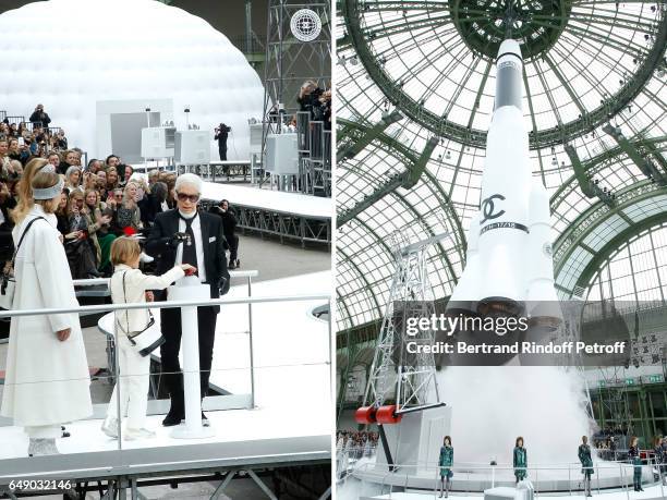 Stylist Karl Lagerfeld and his godson Hudson Kroenig are seen at the end of the Chanel show as part of the Paris Fashion Week Womenswear Fall/Winter...