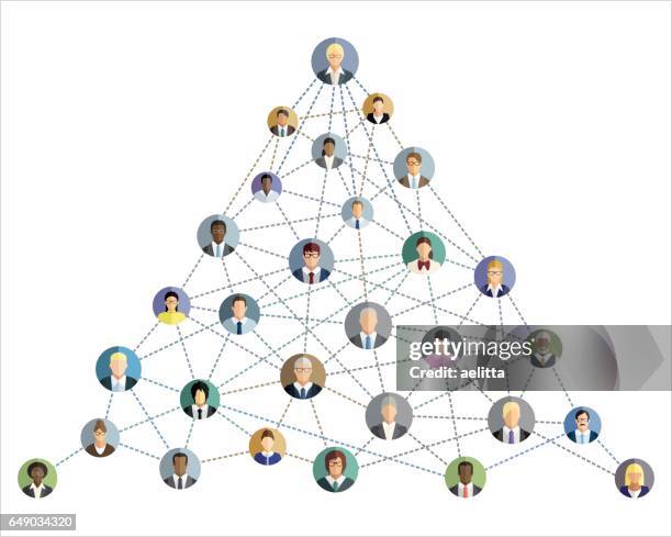 ilustraciones, imágenes clip art, dibujos animados e iconos de stock de ilustración de vector de un esquema de red social abstracta, que contiene los iconos de personas conectados entre sí. - jerarquía
