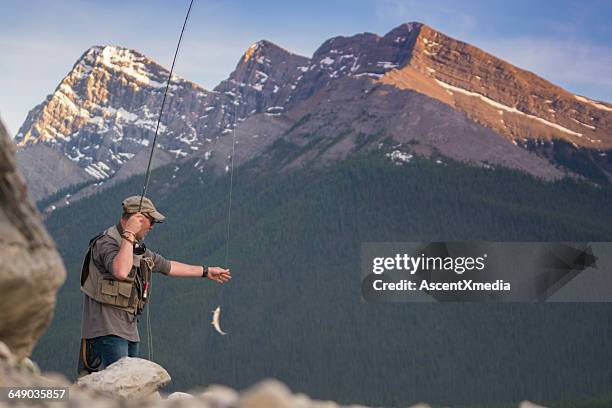 fly fisherman catches fish from mountain lake - gt fish stock pictures, royalty-free photos & images